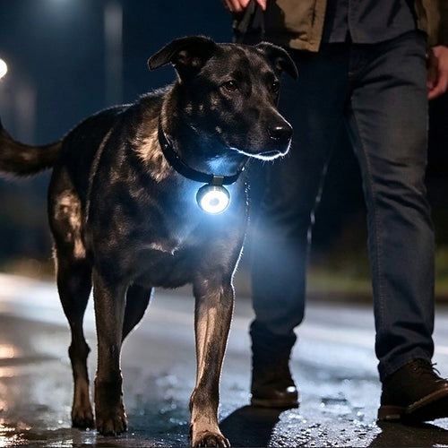 Perro paseando de noche con la luz LED de seguridad VirelPet encendida en el collar