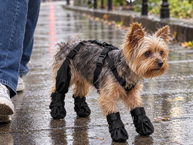 Yorkshire con las botas VirelPet en la acera un día de lluvia