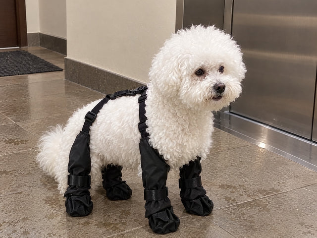 Bichón con las botas VirelPet en el portal, limpio tras el paseo