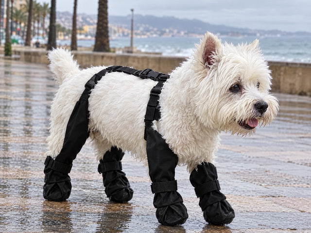 Westie con las botas VirelPet en el paseo marítimo