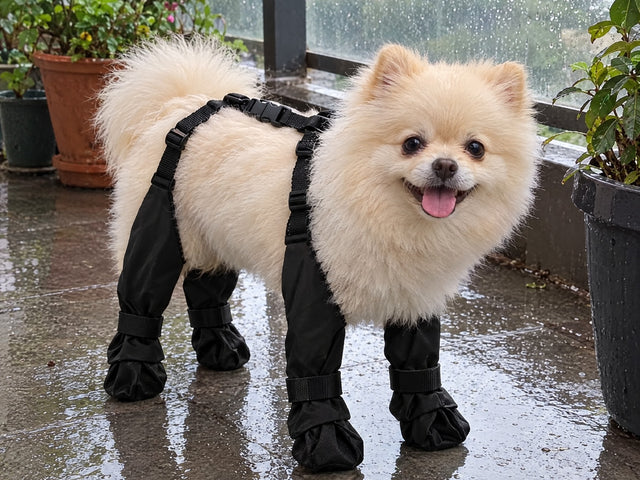 Pomerania con las botas VirelPet en el balcón